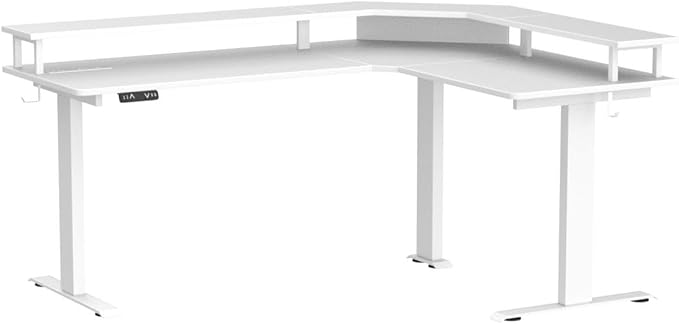 FEZIBO 63" Triple Motor L Shaped Standing Desk with LED Strip & Power Outlets, Height Adjustable Stand up Corner Gaming Desk with Ergonomic Monitor Stand, White Top/White Frame - LeafyLoom