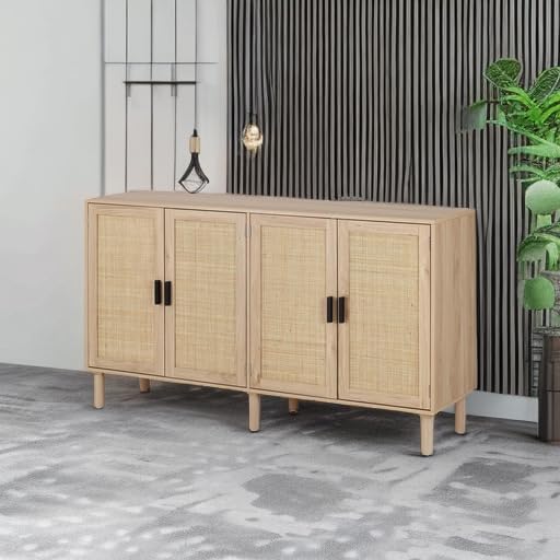 Finnhomy 4 Door Sideboard Buffet Cabinet, Kitchen Storage Cabinet with Rattan Decorated Doors, Cupboard Console Table, Boho Accent Liquor Cabinet, Bar Cabinet, 62.3X 15.7X 34.6 Inches, Natural - LeafyLoom