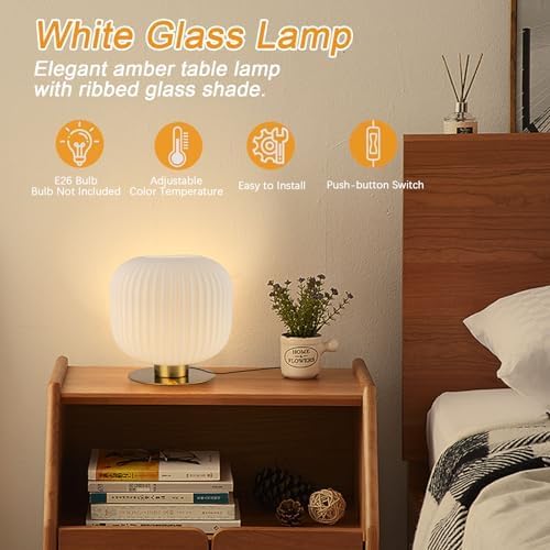 White Glass Table Lamp Mid Century Modern Desk Lamp with Streak Glass Shade Vintage Style Nightstand Lamp Small Reading Desk Light for Study Bedroom End Table Living Room - LeafyLoom