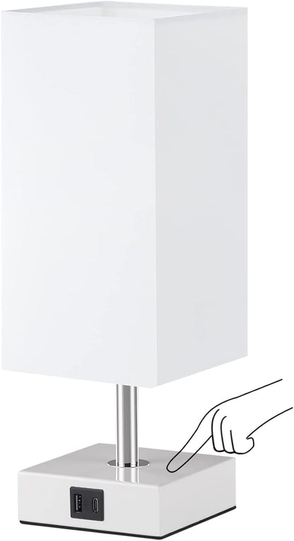 Ambimall White Table Lamp with USB Ports - 3 Way Touch Lamps Beside Desk, Nightstand Lamp for Bedrooms Living Room, White Shade with White Base, LED Bulb Included(White) - LeafyLoom