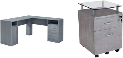 Techni Mobili Functional Storage L-Shaped Computer Desk, Grey & Rollingg File Cabinet, Regular, gray - LeafyLoom