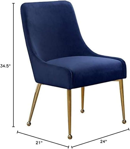 Meridian Furniture Owen Collection Modern | Contemporary Velvet Upholstered Dining Chair with Polished Gold Legs, Set of 2, 24" W x 21" D x 34.5" H, Navy - LeafyLoom