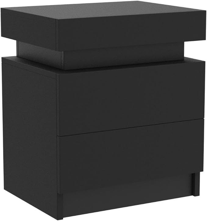 HOMMPA LED Nightstand Black Nightstand with Led Lights Modern Night Stand with 2 High Gloss Drawers Led Bedside Table Smart Nightstand for Bedroom 20.5” Tall - LeafyLoom