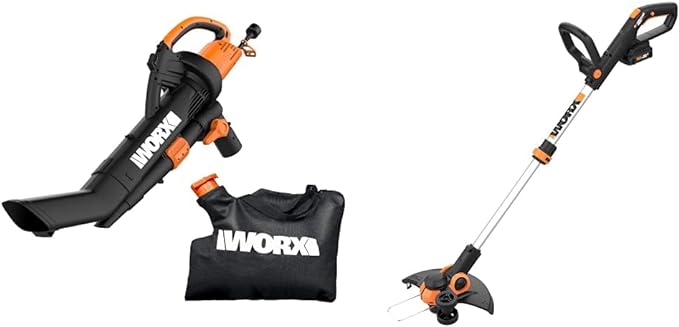 WORX WG509 12 Amp TRIVAC 3-in-1 Electric Leaf Blower with All Metal Mulching System & WG163 GT 3.0 20V PowerShare 12" Cordless String Trimmer & Edger (2 Batteries & Charger Included) - LeafyLoom