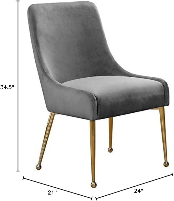 Meridian Furniture Owen Collection Modern | Contemporary Velvet Upholstered Dining Chair with Polished Gold Metal Legs, Set of 2, 24" W x 21" D x 34.5" H, Grey - LeafyLoom