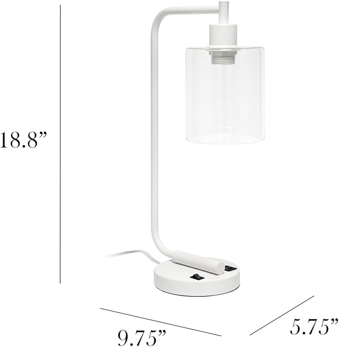 Simple Designs LD1066-WHT Bronson Antique Style Industrial Iron Lantern Desk Bedside Table Lamp with Dual 2 USB Charging Ports and Glass Shade, White - LeafyLoom