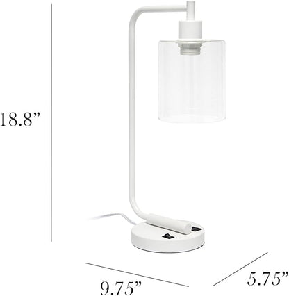 Simple Designs LD1066-WHT Bronson Antique Style Industrial Iron Lantern Desk Bedside Table Lamp with Dual 2 USB Charging Ports and Glass Shade, White - LeafyLoom