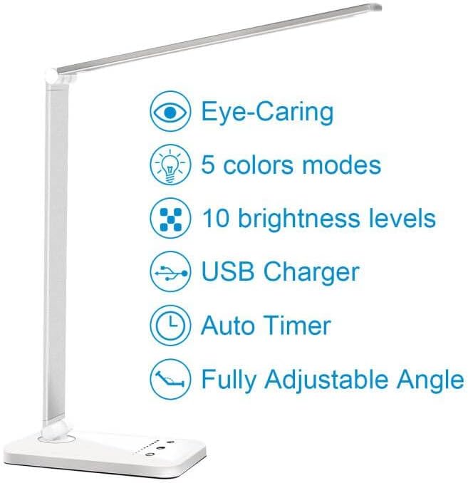 LED Desk Lamp Dimmable Table Lamp Reading Lamp with USB Charging Port, 5 Lighting Modes, Sensitive Control, 30/60 Minutes Auto-Off Timer, Eye-Caring Office Lamp - LeafyLoom