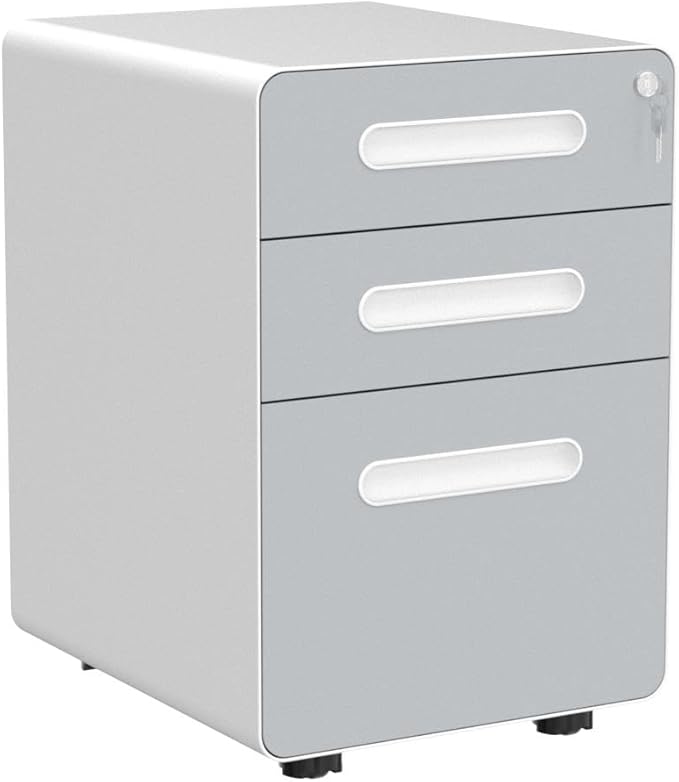 YITAHOME 3-Drawer Metal Mobile File Cabinet, Rolling Filing Cabinet with Lock, Filing Cabinet Under Desk fits Legal/A4 Size for Home/Office, Fully Assembled,White and Grey - LeafyLoom