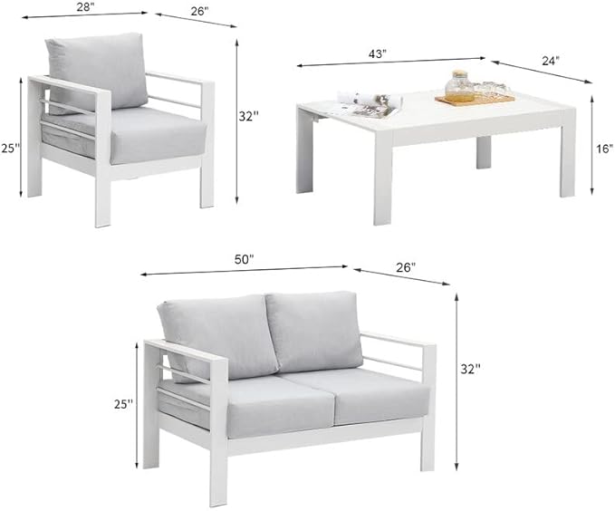 Solaste Outdoor Aluminum Furniture Set - 4 Pieces Patio Sectional Chat Sofa Conversation Set with Table,White - LeafyLoom