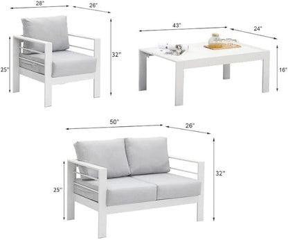 Solaste Outdoor Aluminum Furniture Set - 4 Pieces Patio Sectional Chat Sofa Conversation Set with Table,White - LeafyLoom