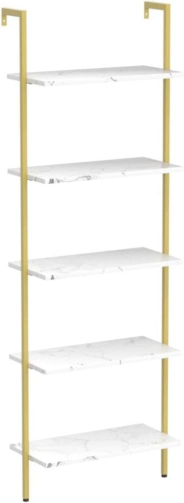 Tajsoon 5-Tier Ladder Shelf, Large Wall Mount Bookshelf with Metal Frame, Open Display Shelves for Living Room, Bedroom, Home, Plant Flower, White & Gold - LeafyLoom