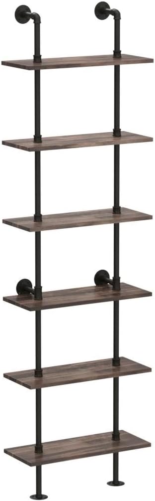 HOMBAZAAR Industrial Bookshelf, 6-Tier Industrial Pipe Bookshelf, Wall Mounted Ladder Shelves with Metal Frame for Home Office, Living Room, Oak Brown - LeafyLoom