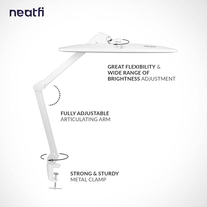 Neatfi Elite HD XL Task Lamp, Super Bright Desk Lamp, Non-polar Dimming (Non-CCT with Clamp, White, 22 Inches) - LeafyLoom