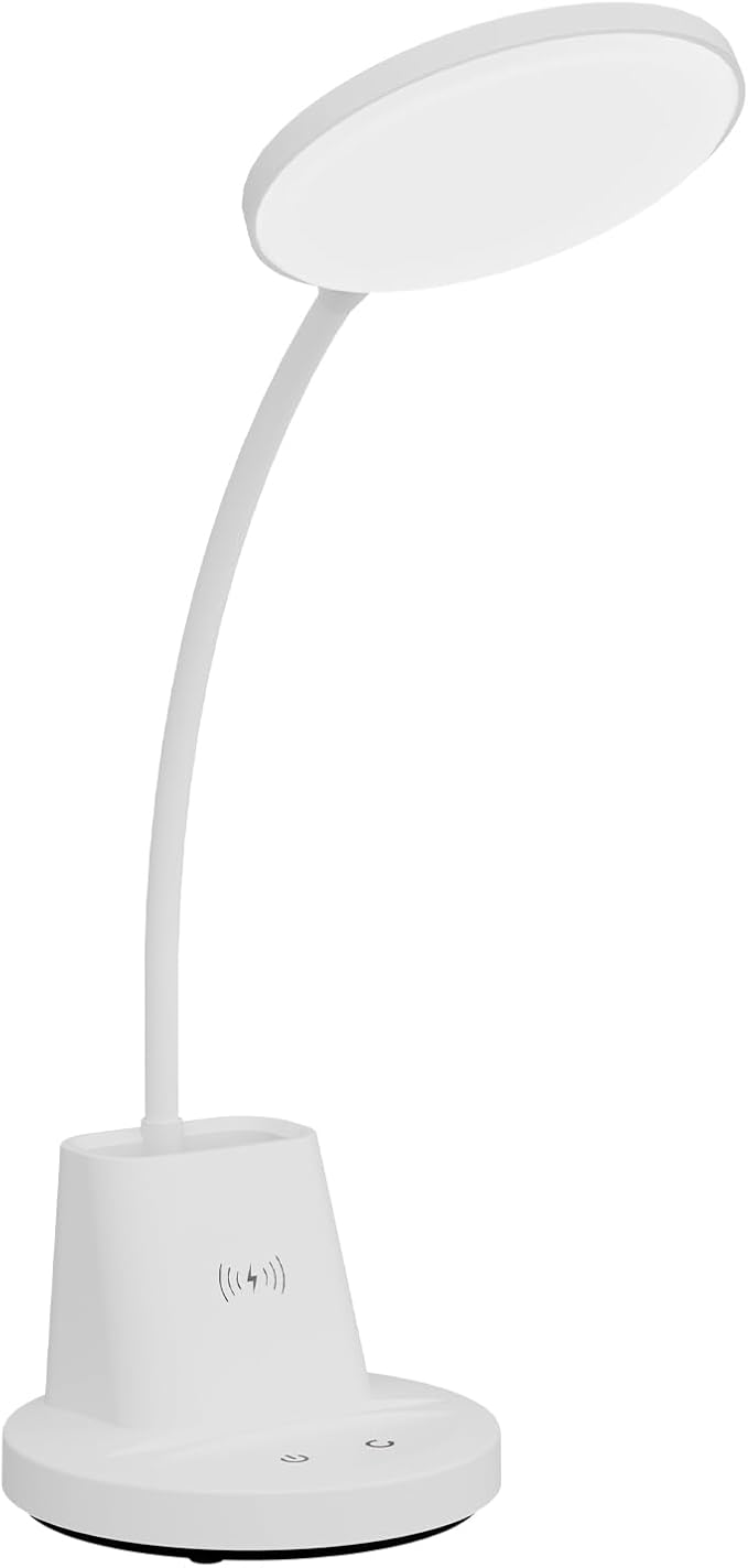 hansang LED Desk Lamp with Wireless Charger for Home Office, Stepless Dimmable, 3 Color Modes, Touch Control White Study Lamp for College Dorm Room, Pen Holder, CRI 90, 800 Lumen, Adapter Included - LeafyLoom