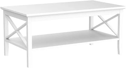 ChooChoo White Coffee Table Classic X Design for Living Room, Rectangular Modern Cocktail Table with Storage Shelf, 39 Inch - LeafyLoom