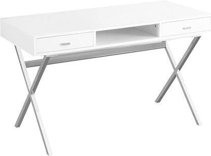 Monarch Specialties Laptop Table with Drawers and Open Shelf Computer, Writing Desk, Metal Sturdy Legs, 48" L, Glossy White - LeafyLoom