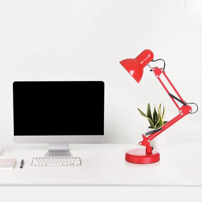 Led Desk Lamp with Clamp - Swing Arm Desk Lamp with 5 LED Cold Light Bulbs 6500K - Folding Table Lamp，Used for Office, Work, Study, Dormitory Reading and Eye Protection Desk Lamp (Red-5) - LeafyLoom