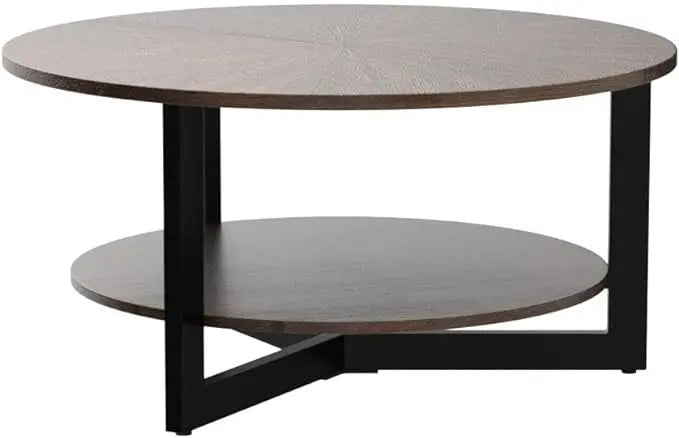 MODERION Round Coffee Table with Storage Shelf, Farmhouse Living Room Cocktail Black Metal Legs, Circular Solid Wood Center Tea Table, Sofa 35.3-''Dx17.8-''H, Natural Brown KFZ1338NC - LeafyLoom