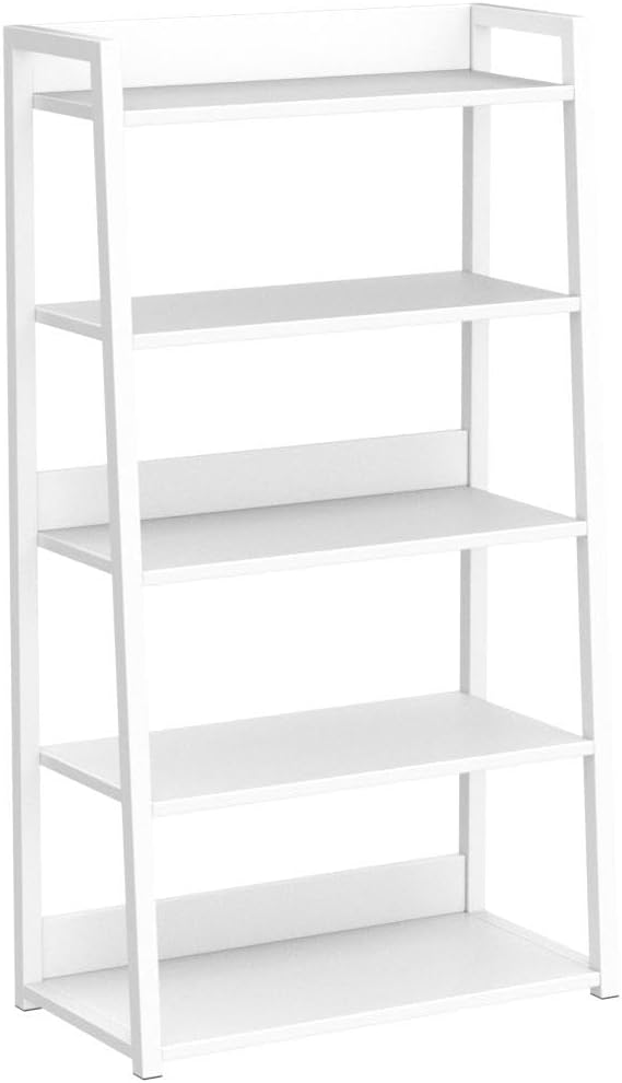 IOTXY 5-Tier Ladder Shelf Bookcase - Wooden Open Bookshelf with Metal Frame, Display Rack for Living Room, Bedroom, Kitchen, and Home Office, White - LeafyLoom