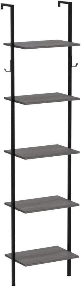 Retro Bookshelf Wall Mounted 5-Tiers Ladder Shelf Dark Grey Narrow Thin Bookshelf Farm House Open Display Storage Rack for Living Room Bedroom Home Office - LeafyLoom