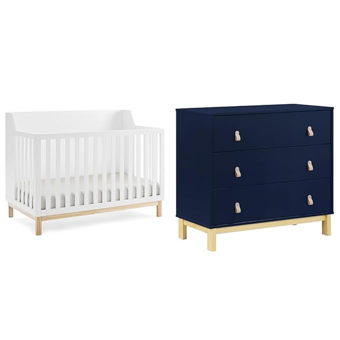 Delta Children Gap babyGap Oxford 6-in-1 Convertible Crib - Greenguard Gold Certified, Bianca White/Natural & Gap babyGap Legacy 3 Drawer Dresser with Leather Pulls, Navy/Natural - LeafyLoom