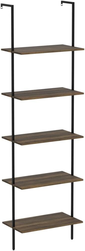 5 Tiers Ladder Shelf 2-Piece Black Modern Tall Bookshelf Open Large Tall Wall Mount Storage Bookcase Standing Leaning Wall Shelves Industrial Decorative - LeafyLoom