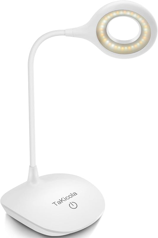 LED Desk Lamp Dimmable Table Light, 3 Modes, Stepless Brightness, Sensitive Control, Flexible 360° Adjustable Eye-Caring Office Read Lamp, Cordless USB Desk Light, White - LeafyLoom