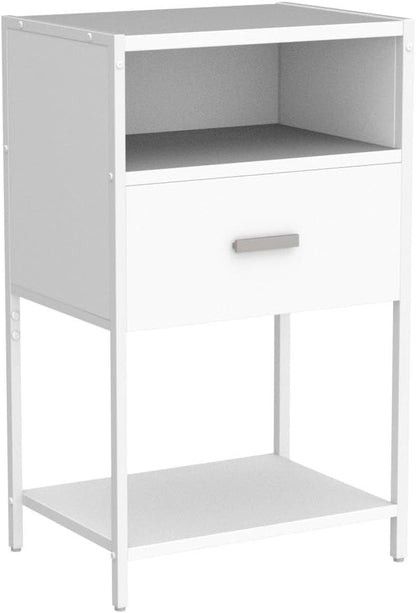 LDTTCUK Nightstand with Charging Station, Modern End Table with Drawer, White Bedside Table with Open Storage for Bedroom - LeafyLoom