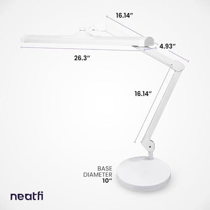 Neatfi Ultra 3,500 Lumen LED Desk Lamp, Color Correlated Temperature, 3 Light Modes, Dimmable, 45W, 26 Inch Wide Metal Shade, 540 SMD LEDs (CCT with Base, White) - LeafyLoom