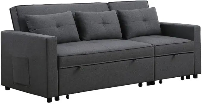 3 in 1 Convertible Sleeper Sofa Bed, Pull Out Couch with 3 Level Adjust Backrest, Futon Loveseat Chaise Lounge with Side Pockets and Throw Pillows for Living Room Office, Dark Gray 79.75" - LeafyLoom