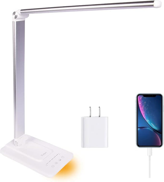 LED Desk Lamp, Stepless Dimmable Eye-Caring Lamps with Night Light USB Charging Port 5 Color Modes and 5 Brightness Levels, 30 min Auto Timer, Adjustable Lamps for Home Office Bedroom, White - LeafyLoom