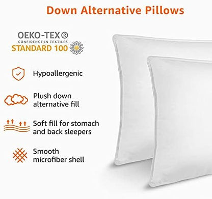 Amazon Basics Down Alternative Bed Pillow, Medium Density for Back and Side Sleepers, Standard, 26 x 20 Inch - Pack of 2, White - LeafyLoom