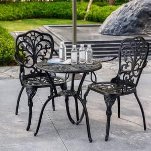 Bistro Table and Chairs Set of 2 with Umbrella Hole,Cast Aluminum Patio Bistro Sets 3 Piece,Outdoor Bistro Table Set,Patio Furniture Set for Front Porch Set,Garden(Butterfly Black) - LeafyLoom