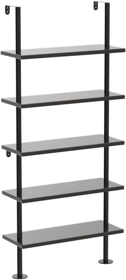 Ladder Shelf Bookcase 5 Tier, Extra Sturdy Modern Bookshelf Wall Mounted, Tall Black Open Book Shelf, Standing Industrial Metal Frame with Wooden Shelves - LeafyLoom