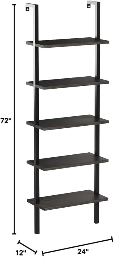 Nathan James Theo 5-Shelf Wood Modern Bookcase, Open Wall Mount Ladder Bookshelf with Industrial Metal Frame, Dark Brown Nutmeg/Black - LeafyLoom