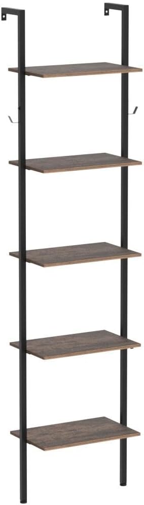 Industrial Bookshelf Wall Mounted 5-Tiers Ladder Shelf Wooden and Metal Narrow Thin Bookshelf Open Display Storage Rack for Living Room Bedroom Home Office (Rustic Brown, Small) - LeafyLoom