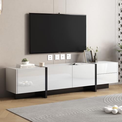 White & Black Contemporary Rectangle Design Stand, Unique Style Console Table 80”, Modern TV Cabinet with High Gloss UV Surface for Living Room - LeafyLoom