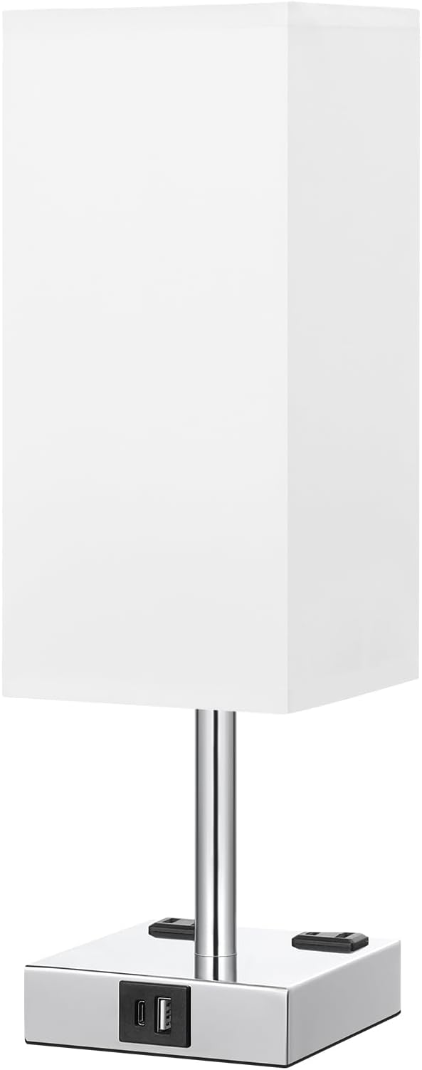 Touch Bedside Table Lamp For Nightstand - 3-Way Dimmable Night Lamp with USB A + Type C Charging Ports and two AC Outlets, Small Desk Light with E26 LED Bulb for Bedroom Living Room Dorm Office,WHITE - LeafyLoom