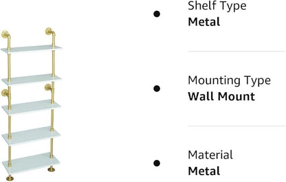 5 shelf Modern Gold Bookshelf, Wall Mount White Bookcase, Ladder Shelf with Metal Frame, Display Shelf Shelves for Living Room/Home/Office - LeafyLoom