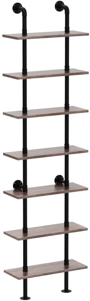 HOMBAZAAR Industrial Bookshelf, 7-Tier Industrial Pipe Bookshelf, Wall Mounted Ladder Shelves with Metal Frame for Home Office, Living Room, Oak Brown - LeafyLoom