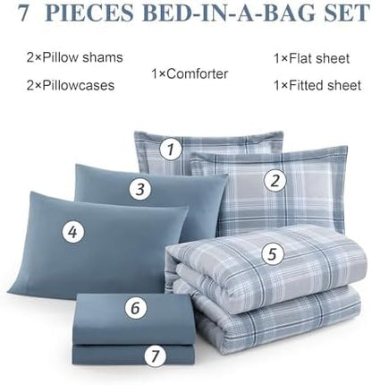 Blue Comforters Queen Size, Plaid Queen Bedding Sets for Boys & Girls,Classic Homestead-Style Bed in A Bag Queen with Sheets and Comforter Set (Light Blue,Queen,90"*90") - LeafyLoom