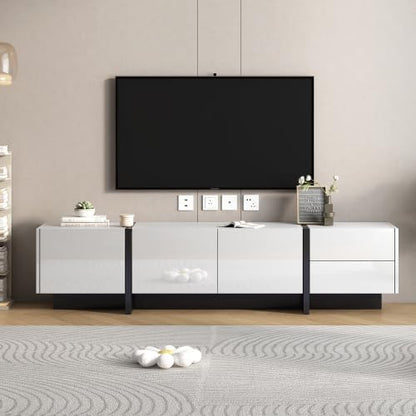 White & Black Contemporary Rectangle Design Stand, Unique Style Console Table 80”, Modern TV Cabinet with High Gloss UV Surface for Living Room - LeafyLoom