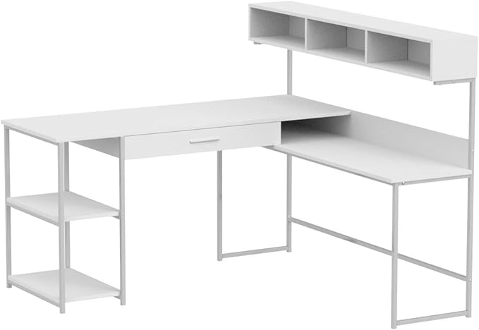 Monarch Specialties Workstation for Home & Office with Multiple Shelves and Drawer L-Shaped Corner Desk with Hutch, 60" L, White/Silver Frame - LeafyLoom