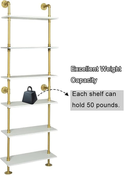 Industrial Gold Bookshelf-6 Tier Wall Mounted Ladder Bookshelf, Rustic Gold Storage Book Shelves Display Bookcases for Living Room/Home/Office - LeafyLoom