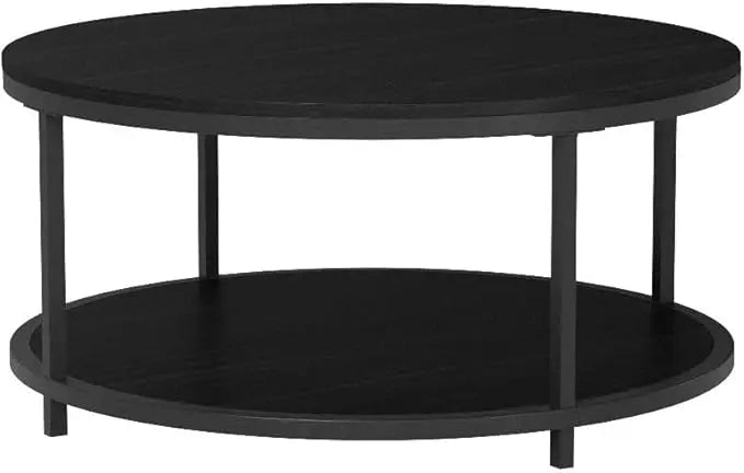 NSdirect 36 inches Round Coffee Table, Rustic Wooden Surface Top & Sturdy Metal Legs Industrial Sofa Table for Living Room Modern Design Home Furniture with Storage Open Shelf (Black) - LeafyLoom