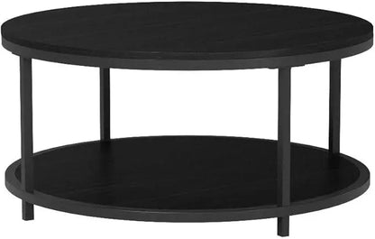 NSdirect 36 inches Round Coffee Table, Rustic Wooden Surface Top & Sturdy Metal Legs Industrial Sofa Table for Living Room Modern Design Home Furniture with Storage Open Shelf (Black) - LeafyLoom