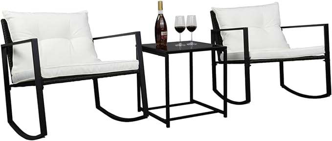 Outvita 3-Piece Rocking Bistro Set, Outdoor Wicker Patio Furniture Set with Glass Coffee Table Perfect for Outdoor Porch, Balcony and Garden (White) - LeafyLoom