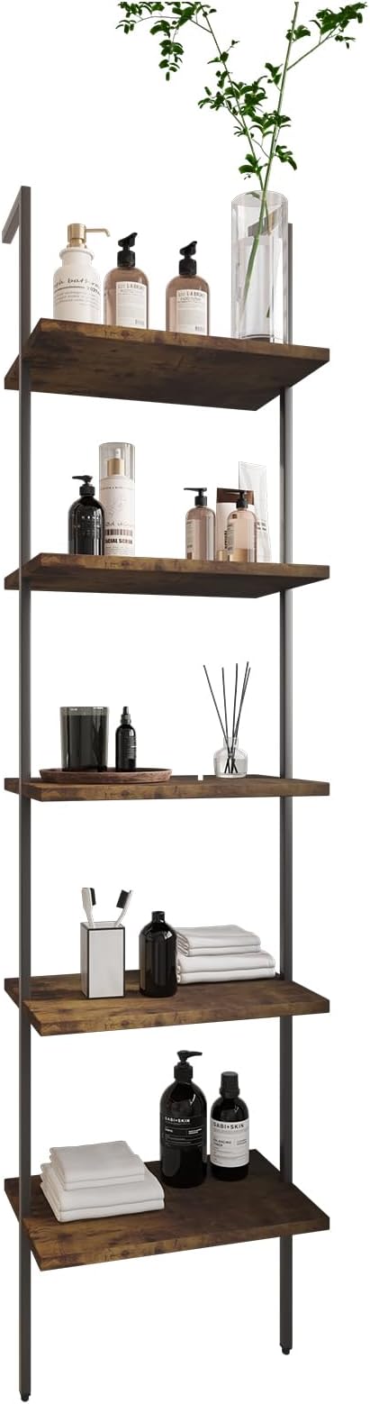 Ladder Shelf 5 Tiers Metal Industrial Bookshelf,Rustic Brown Wood Tall Open Storage Rack and Display Shelves,Wall Mount Wide Book Case for Home Office Bedroom,Small - LeafyLoom