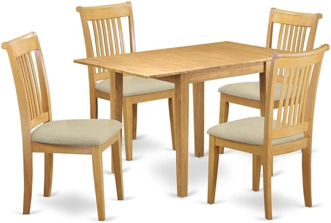 East West Furniture NDPO5-OAK-C Norden 5 Piece Kitchen Set Includes a Rectangle Dining Room Table with Dropleaf and 4 Linen Fabric Upholstered Chairs, 30x48 Inch, Oak - LeafyLoom